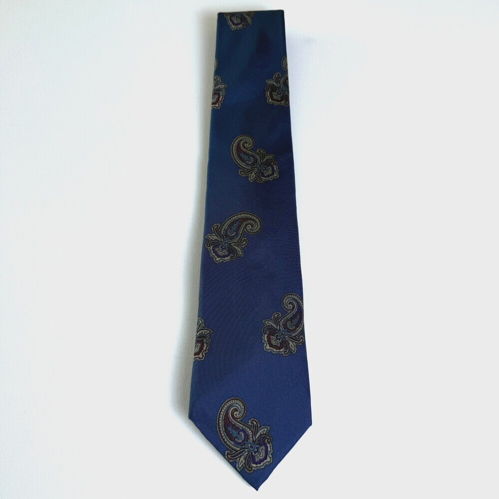 VTG Mallory & Church London Pure Italian Silk Men's Neck Tie Navy Blue Paisley - Picture 4 of 12